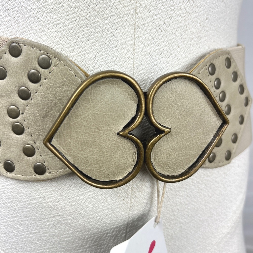 Womens Beige Leather Heart Buckle Studded Elastic Waist Belt size small boho